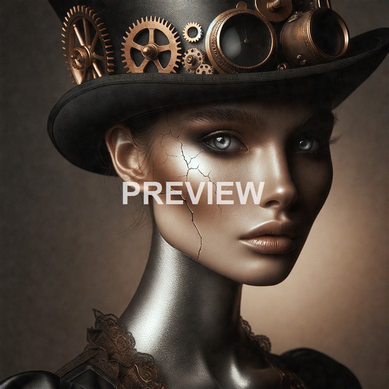 A woman with metallic skin, gray eyes, and cracked makeup on her face wears a black hat decorated with various gears and mechanical parts, creating a steampunk aesthetic.